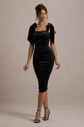 Tarna | Black Velvet Midi Dress With Bow Straps