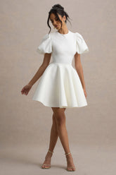 Emelia | White Puff-Sleeve Skater Mini Dress