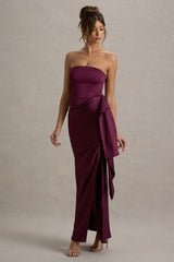 Loz | Burgundy Satin Bandeau Draped Maxi Dress