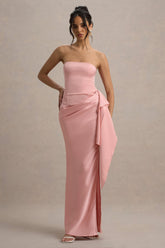 Loz | Light Pink Satin Bandeau Draped Maxi Dress