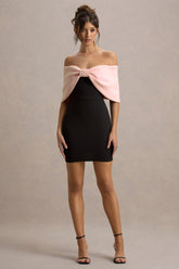 Sadie | Black & Pink Bow Bardot Mini Dress