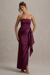 Loz | Burgundy Satin Bandeau Draped Maxi Dress