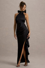 Maureen | Black Satin High-Neck Draped Maxi Dress