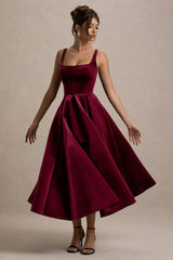 Francisca | Berry Velvet Strappy Volume-Hem Midi Dress