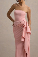 Loz | Light Pink Satin Bandeau Draped Maxi Dress
